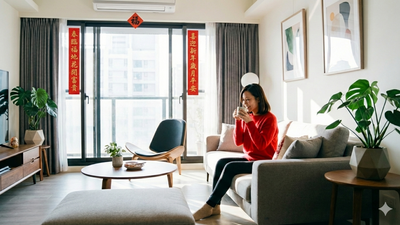 過年-女性-沙發-春聯-在沙發上喝咖啡