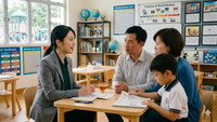 老師-家長-老師在教室和家長溝通-學生